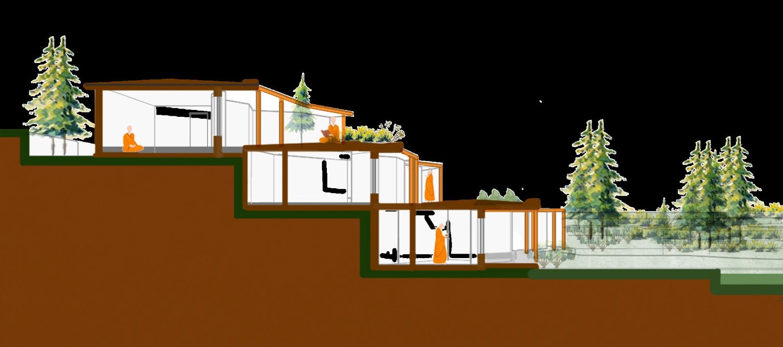 閉關石屋的剖面圖：房子嵌進坡地裡