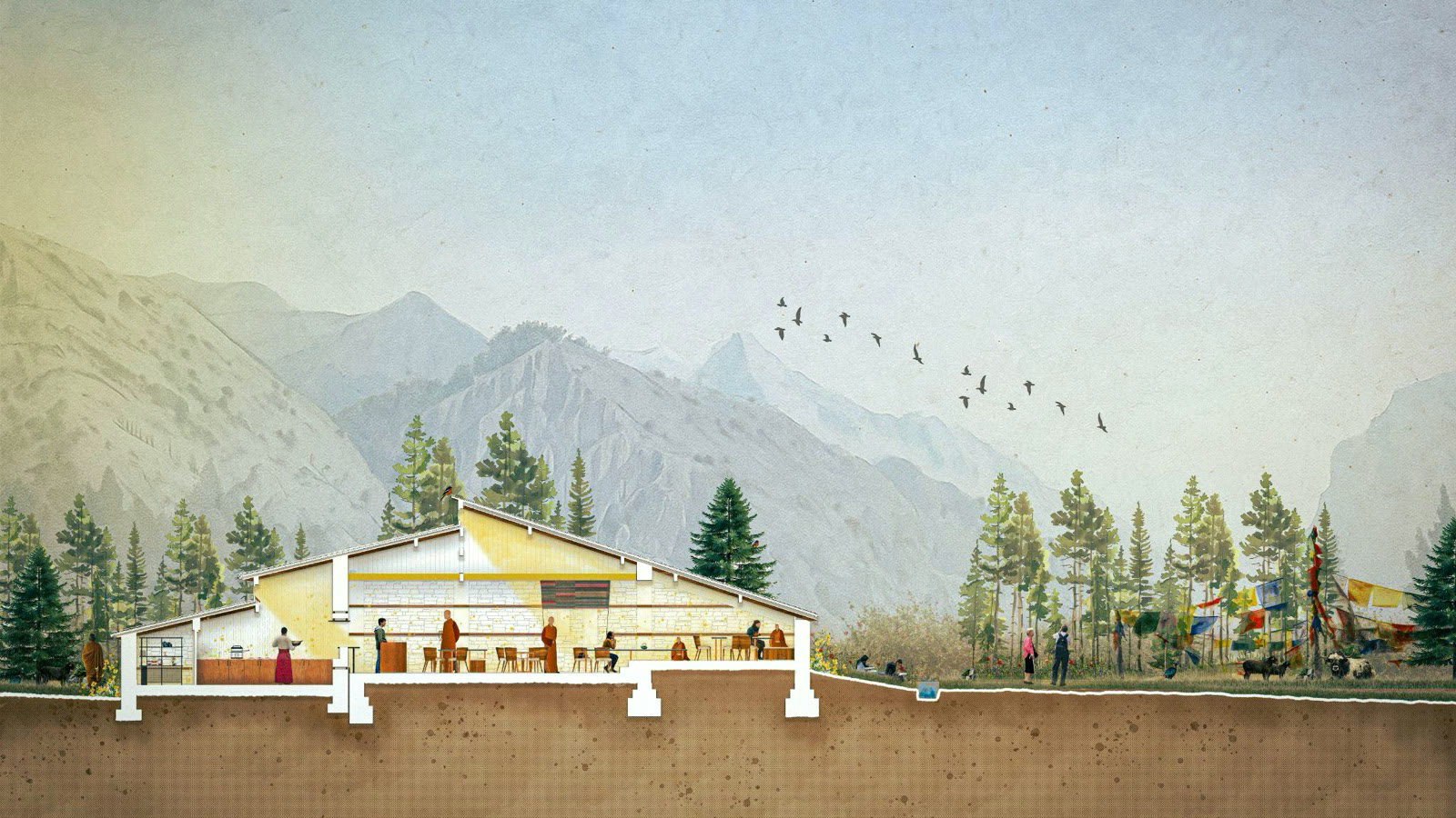 Grand Café 日景渲染圖：山前的長屋，鳥飛過